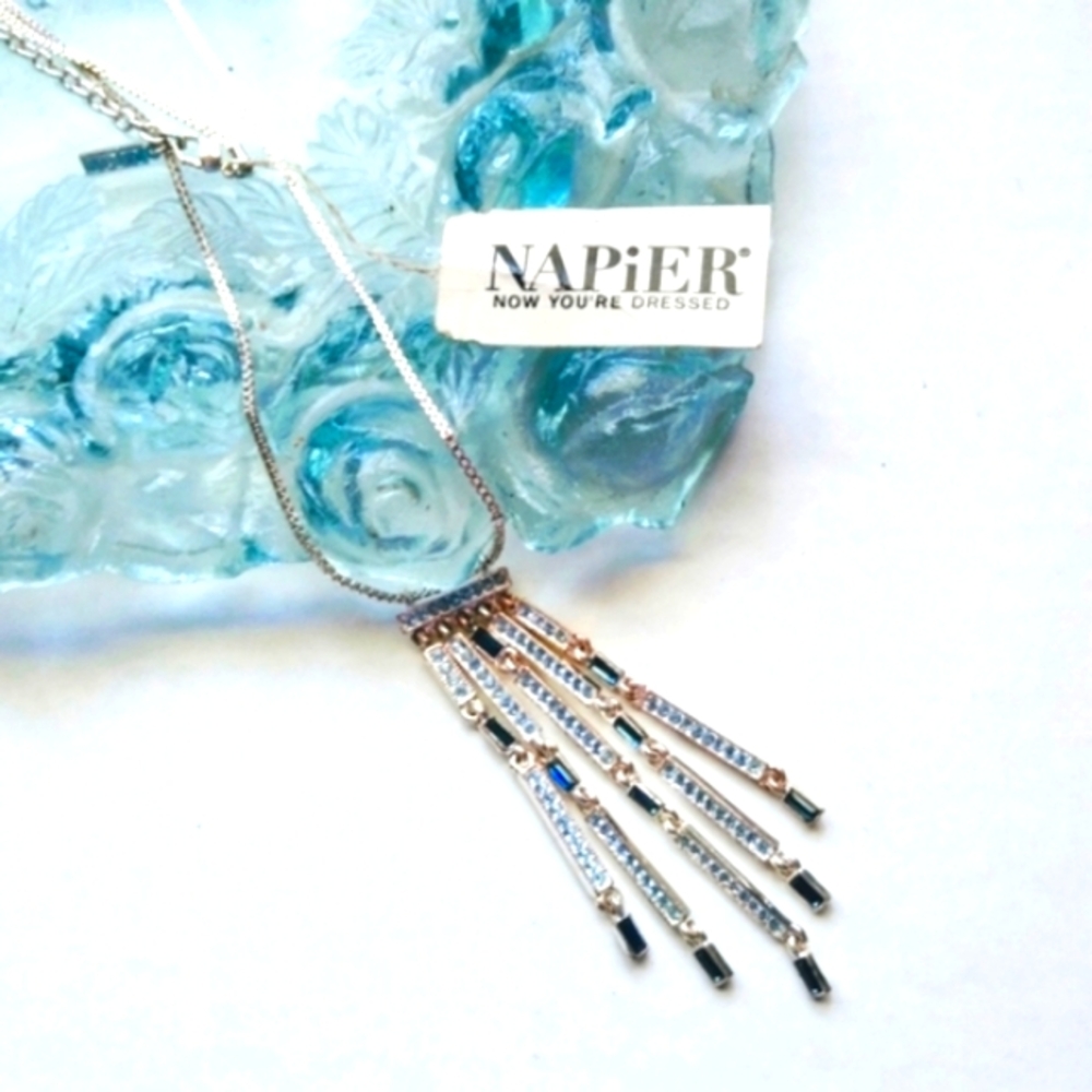 NEW Vintage Y2K Napier Art Deco Clear and Blue Rhinestone Silver Tassel Necklace